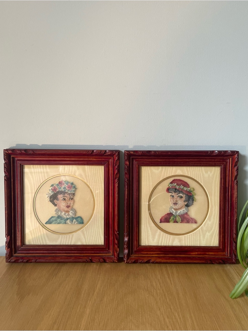 Vintage Midcentury Petit Point Floral Hat Ladies Ornate Wood Frames Set of 2